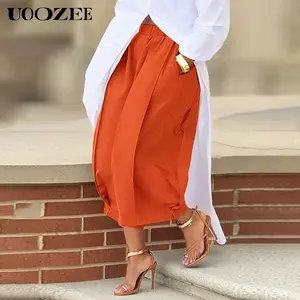 UOOZEE Women's Loose Solid Color Capri-Pants Cropped Trousers, 100% Cotton Summer Comfortable Breathable Fabric, Daily Versatile Elastic Waistband Lantern Pants with Pockets (Fits Larger at Waist - Check Size Guide or Order One Size Down)