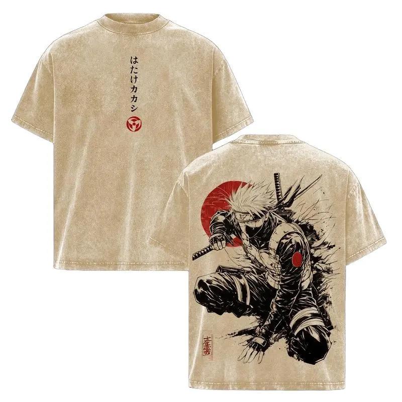 Kakashi Hatake T-Shirt Washed Vintage, Naruto Anime Oversize Streetwear Tee, Sharingan Ninja Graphic Shirt, Unisex Heavyweight Cotton Top, Gift for Anime & Manga Fans funny graphic tee men’s trendy t-shirts deals humorous 90s streetwear