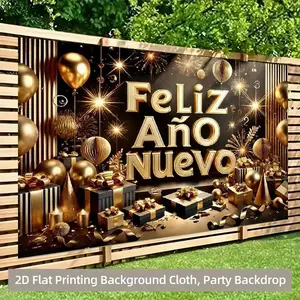 1pc 2D Flat Spanish Happy New Year pty Banner - Elegant Black Golden Balloon Confetti Design Spanish "Feliz Año Nuevo" Lettering - Durable decor Weddings Birthdays Anniversaries Christmas Valentine