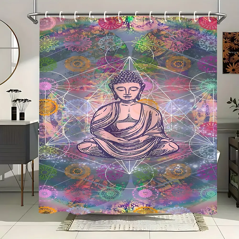 Buddha Statue Shower Curtain, Mandala Chakra Extra Large Waterproof Thickened Mildew-Proof Bathroom Partition Curtain for Dry-Wet Separation, Durable Polyester Fabric Included & 12 Hooks for Easy Hanging, Bathroom Decoration Home Decor, Ideal Gift