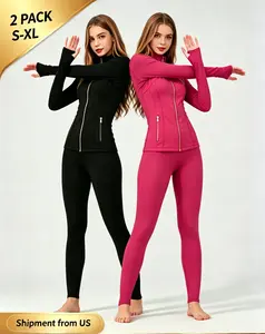 2PCS Women Soft Brushed Sports Jacket, Golden Zip Long Sleeve Coat With Thumbholes & Zipper Pockets, Buttery Soft Breathable Skin-Friendly Casual Outerwear For Daily Workout