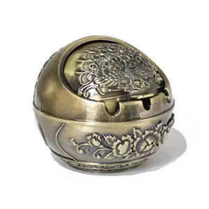Vintage Decorative Windproof ball-shaped Ashtray with Lid, Metal Portable Cigar Ashtray, Odor Eliminator Indoor Outdoor Hand Carved Ornament, Fancy Gift for Men Women Home Office