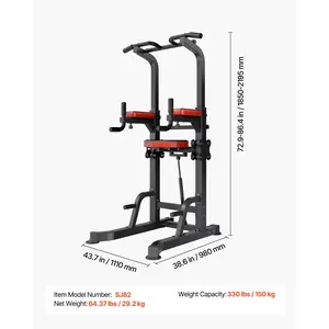 VEVOR Pull Up Bar, 330 LBS Power Tower Dip Station, Workout Dip Station with H-Shaped Stable Base Assistance Platform, Adjustable 9 Level Height Pullup Stand for Back, 3-Level Adjustable Elbow Pads
