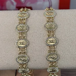 (168) 14K Gold Plated Virgin Mary Coin Bracelet with Rhinestone for Women
