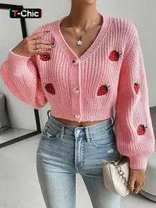 Women's Strawberry Embroidery Button Front Crop Cardigan, Casual Drop Shoulder Long Sleeve V Neck Knitwear for Fall & Winter, Fashion Ladies' Knit Clothing for Daily Wear，pink cardigan