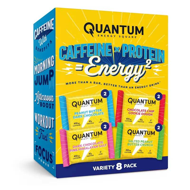 Quantum Energy Square: 100mg Caffeine & 10g Protein Energy Bar. Vegan, Gluten-Free, Soy-Free, Dairy-Free. 8-Pack Variety Pack. Perfect for Work, School, Travel.