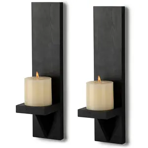 Set of 2 wooden wall candle sconces rustic wall mount wooden pillar candle sconces black farmhouse wall candle sconces hanging wall sconces vintage wall candle holders decor for living room