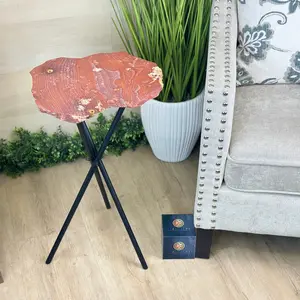 Natural Red Jasper Side Table on Black Metal Base, 24.5" Tall #1342RJ-002