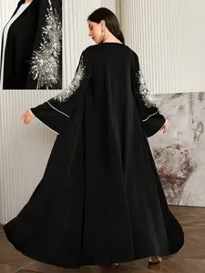 Al Najma Women Patchwork Sequin Open Front Long Sleeve Abaya Robe,Elegant Modest Maxi Full Length Luxury Abayas Outwear For Evening Party,Wedding Guest