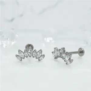 1 Pair Of Women's Earrings, 16 Gauge Implant Grade Titanium Internally Threaded Labret With Marquise And Round CZ Fan Top,Geometric Glow Earrings, Crystal Clusters Blooming
