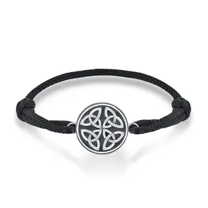 Men's Irish Celtic Knot Bracelet - Sterling Silver Charm on Adjustable Black Leather Cord
