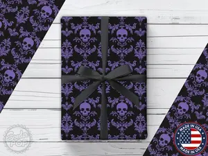 Violet Gothic Skull Damask Wrapping Paper, Purple Gift Wrap for Halloween, Goth Wedding Gift, Dark Aesthetic Decor, Spooky Birthday Present