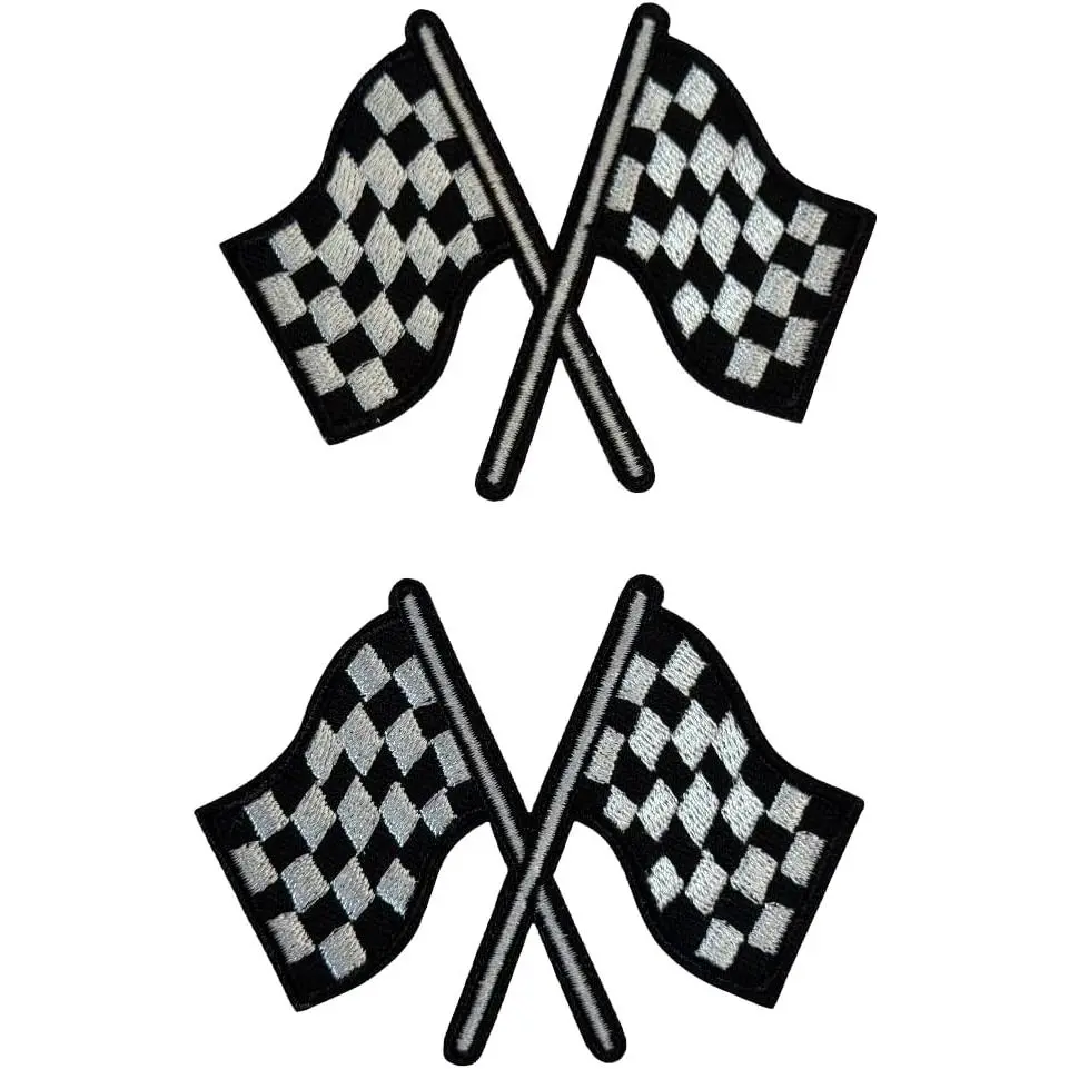 Checkered Racing Flag Iron On Patch – 3.5x2.5 Inch Embroidered Black and White Finish Line Patch for Jacket, Vest, Hat, or Backpack – Motorsport, Car, and Biker Style Patch