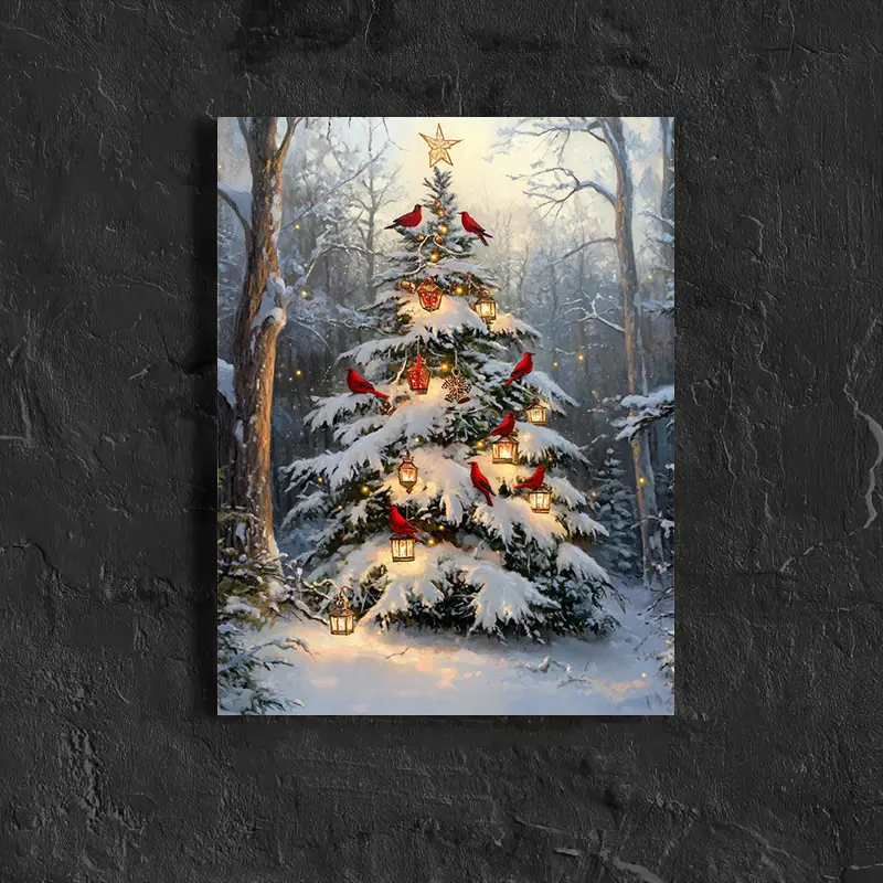 2D FLAT Charming Red Cardinal and Christmas Tree Canvas Wall Art with Wooden Frame - Perfect Holiday Decoration for Living Room, Bedroom, or Hallway