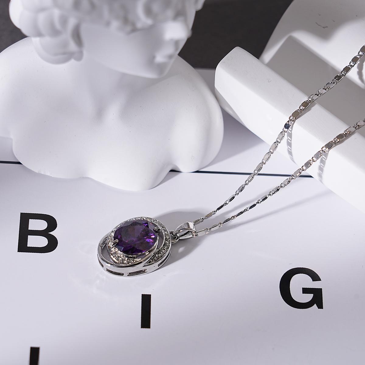 Viral Silver Purple Crystal Halo Necklace | Dainty Amethyst Rhinestone Pendant Aesthetic Jewelry | Luxury Silver Amethyst Crystal Necklace | Vintage Halo Purple Gem Statement Jewelry | Ideal Birthday/Anniversary Gift for Girlfriend