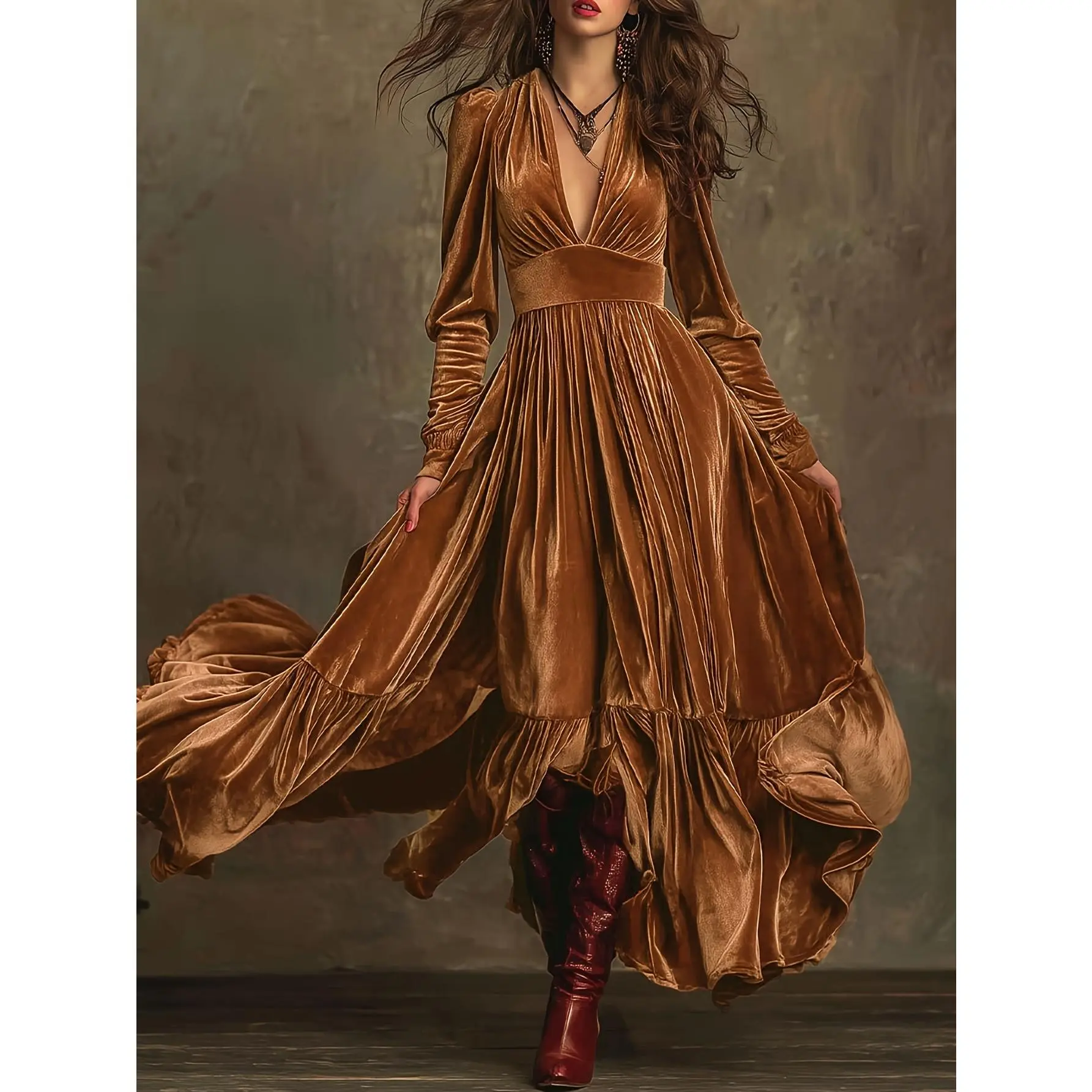 Women's Retro Polyester Formal Dress - Lady's Oversized Long-Sleeve, Deep V-Neck, Solid Color Elegant Wear, Suitable for Parties, Christmas & New Year Gifts