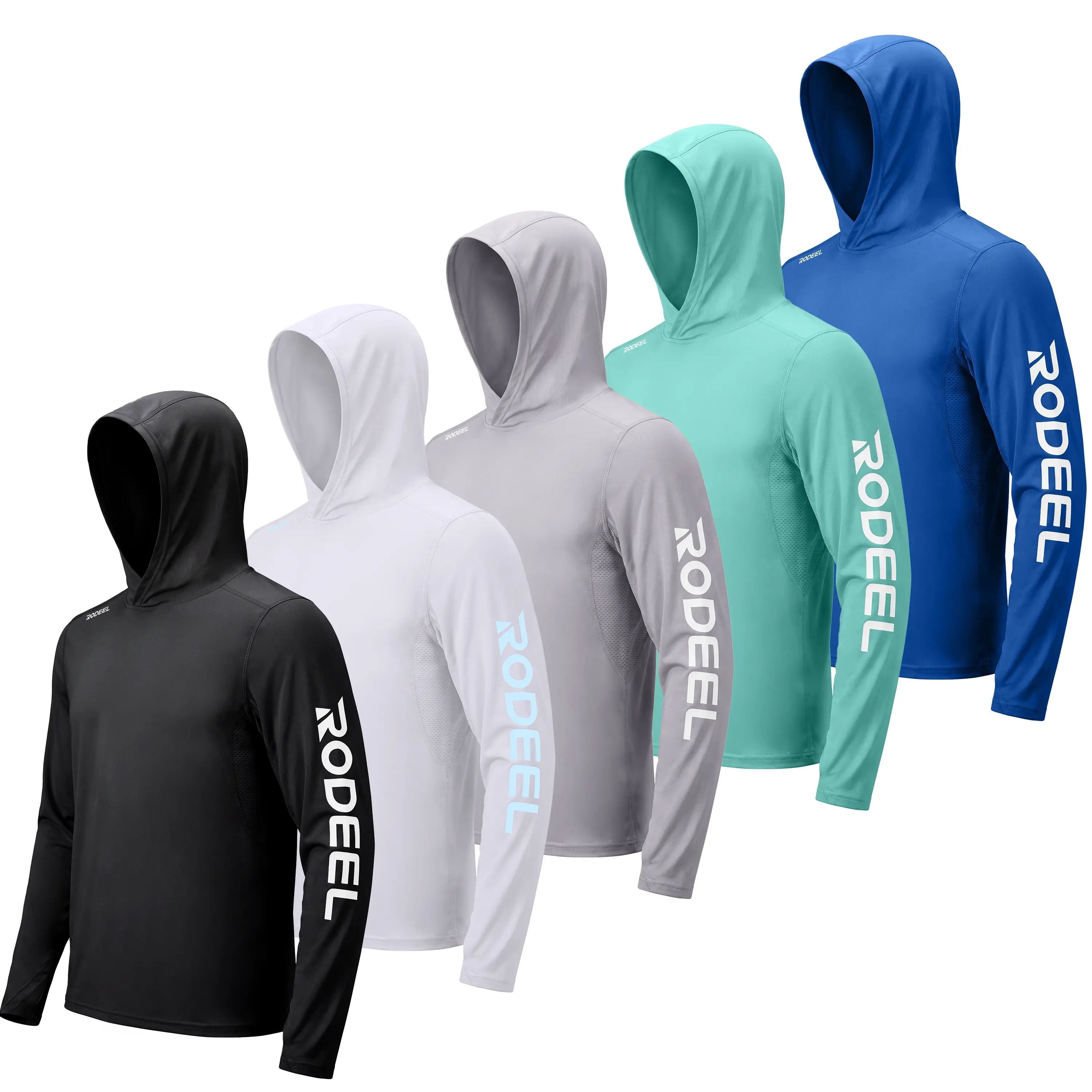 【RODEEL】962 Sun Hoodie Shirts w/ Thumbhole UV Detection Logo Men UPF 50+ Sun Protection Long Sleeve Lightweight Quick Dry Moisture Wicking Breathable Athletic Activewear for Outdoor Fishing Boating Hiking Construction SummerWins