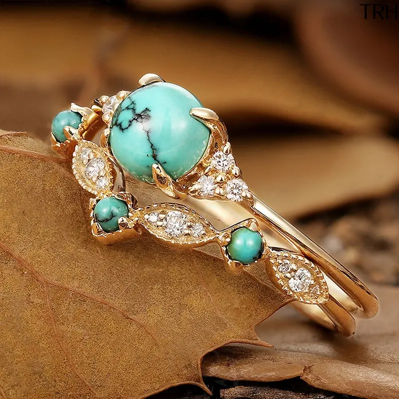 Vintage Turquoise Stackable Ring Set for Women, Retro Gold Plated Round Turquoise & Crystal Stacking Rings, Boho Two Piece Matching Band Set, Elegant Western Style Jewelry, Ideal Accessory for Daily Wear, Dating, Party & Holiday Gifting