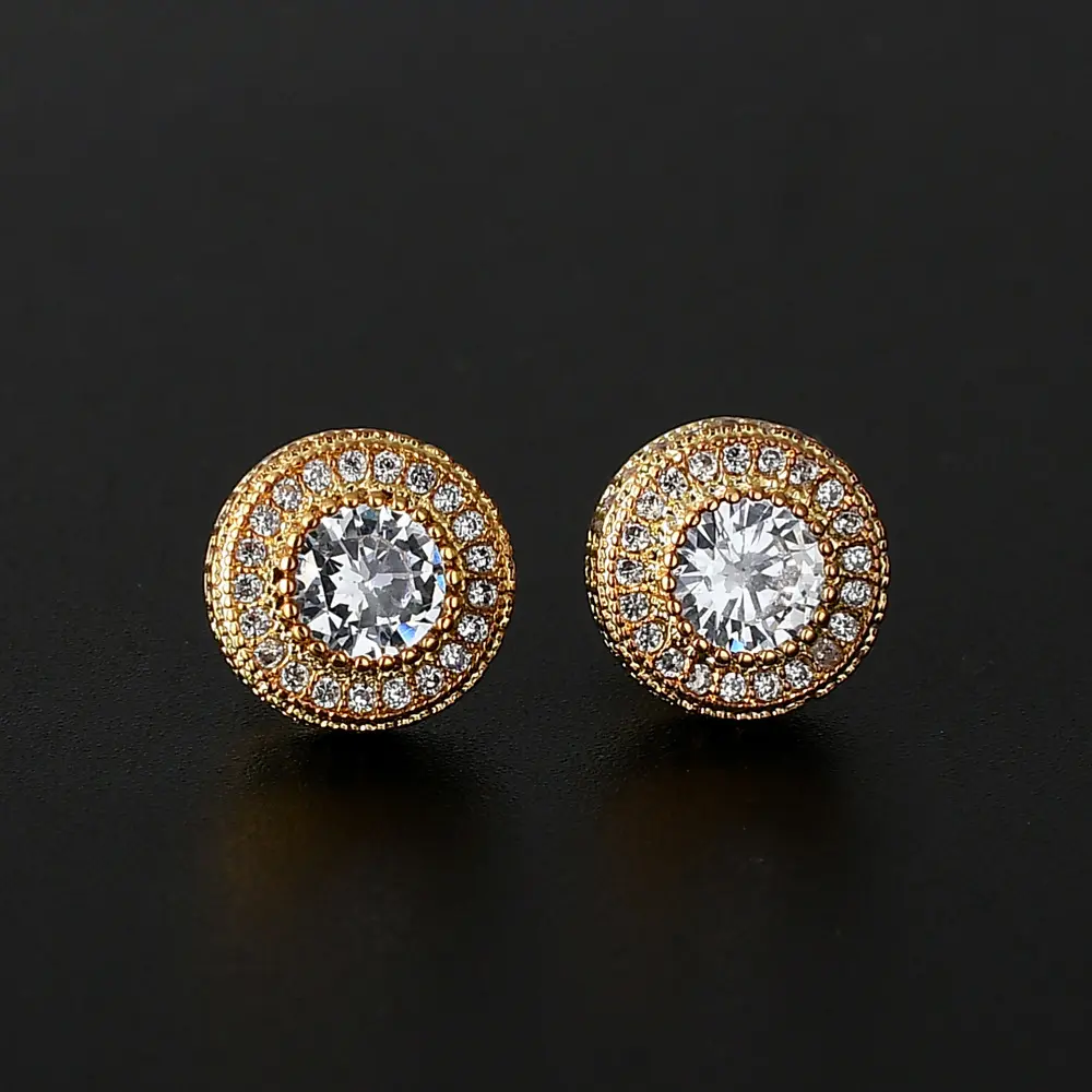 Round Halo Stud Earrings, Iced Out Micro-Pave Cubic Zirconia Bling, Unisex Streetwear Jewelry for Daily Wear, Hypoallergenic Birthday Gift, Anniversary, Minimalist, Brilliant Shine