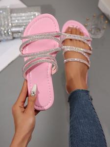 Summer Flat Rhinestone Sparkle Sandals, Women's Fashion Beach Shoes, Outdoor Slip-Ons for Dating Shopping Parties Daily Outing Home Leisure, Fashionable Glitter Sandals, Casual Beach Sandals