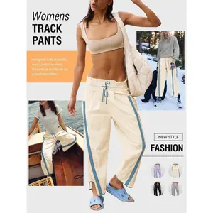 PASLTER Women's Baggy Wide Leg Pants Casual Drawstring Elastic Waisted Contrast Color Workout Y2K Track Pants