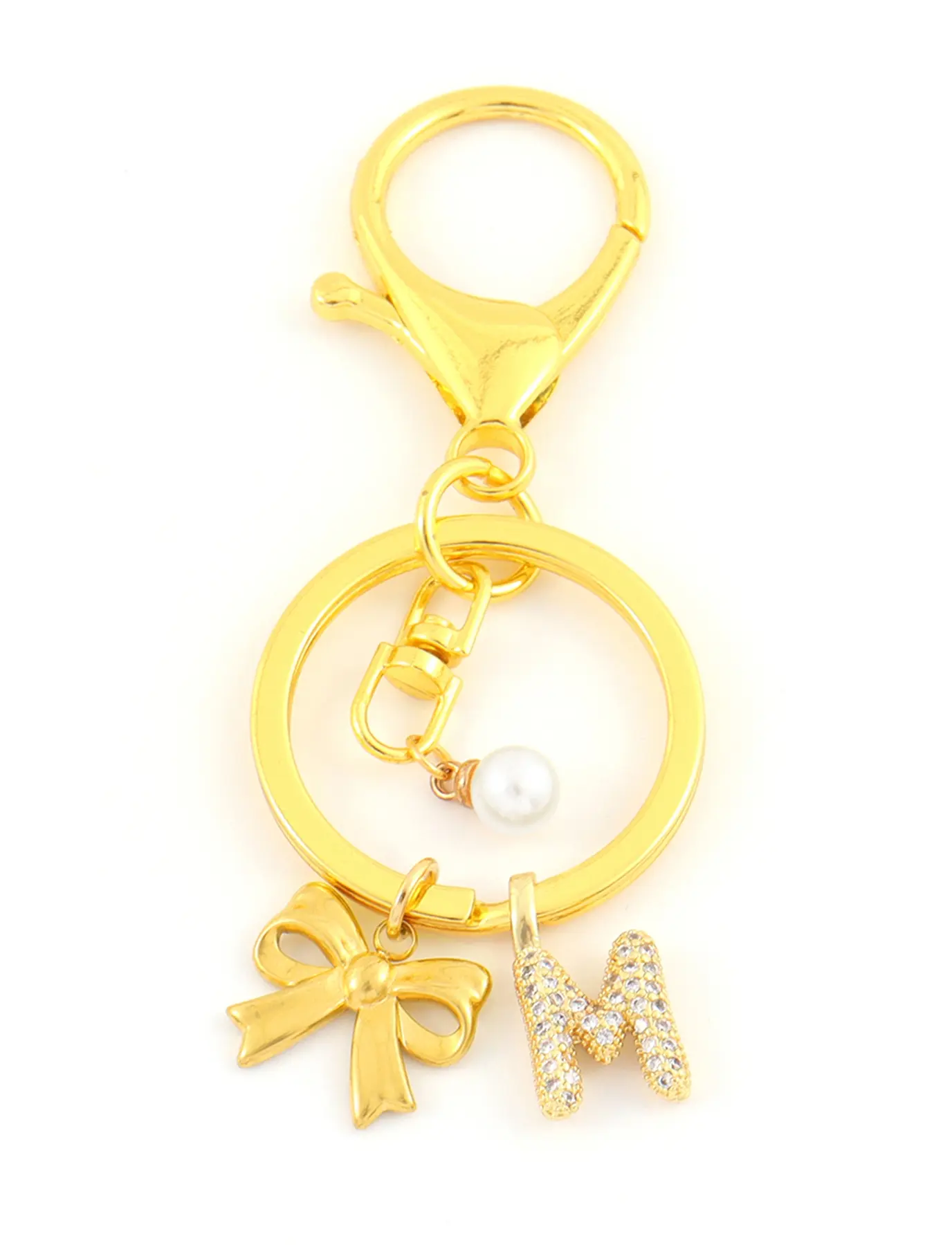 Fashion Bubble Letter Bow Simulated Pearl Pendant Keychain, Elegant Bag Key Accessory, All Seasons Use