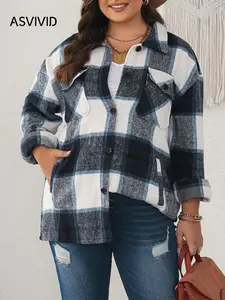 【Plus Size】Plaid Collared Jacket, Coats, Casual Drop Shoulder Long Sleeve Pocket Outerwear for Spring & Fall, Women's Clothes for Daily Wear