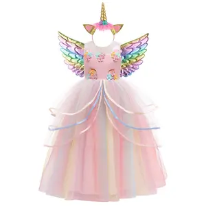 Pink Rainbow Cartoon Cosplay Costume Fancy Carnival 021 Kids Clothes Headband Wings Performance Princess Theme Party Holiday Girls Long Ball Gown Children Cocktail Dress 3-12Y