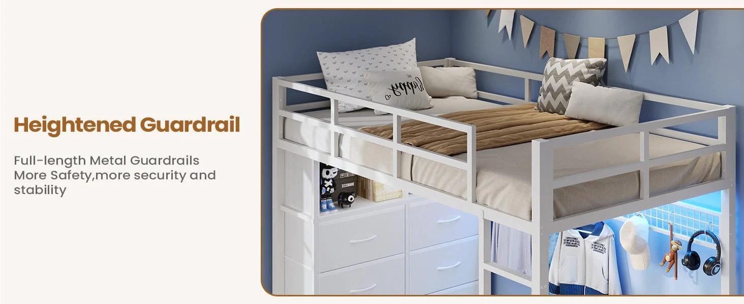 Twin Size LED Loft Bed Frame with Desk and 8 Drawers White Twin Size LED Loft Bed Frame with Desk and 8 Drawers White