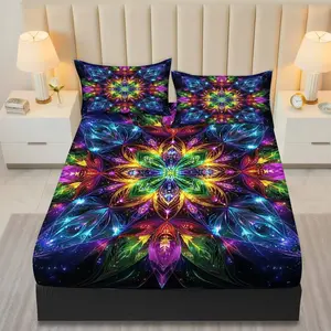 Bohemian Mandala Bedding Set for Spiritual Souls, Fitted Sheet + Pillowcases, No Pillow Inserts, for Bedroom, Yoga Room & Rental