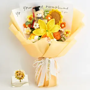 Graduation Gift, Handmade Crochet Flower Bouquet with Bear Wearing Graduation Cap, Lily, Rose & Sunflower, Birthday, Anniversary Gift for Her, Girlfriend, Mom, Friend, Includes Card, Home Decor, Pink, Yellow & Blue, 14 Flowers, 100% Handmade, Eco-Friendly