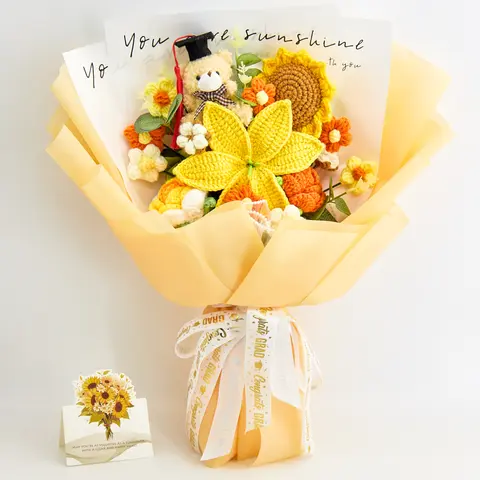 Graduation Gift Handmade Crochet Flower Bouquet with Graduation Bear Cap, Lily Rose Sunflower, 14 Flowers, Pink Yellow Blue Forever Bouquet for Her Him Girlfriend Boyfriend Friend, Greeting Card