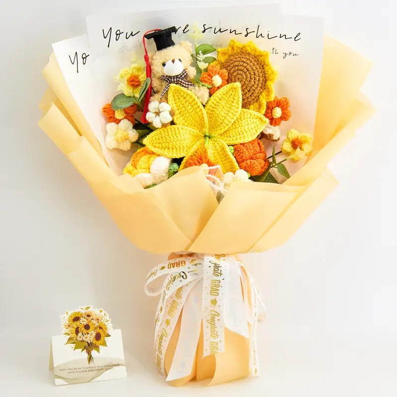 Graduation Gift Handmade Crochet Flower Bouquet with Graduation Bear Cap, Lily Rose Sunflower, 14 Flowers, Pink Yellow Blue Forever Bouquet for Her Him Girlfriend Boyfriend Friend, Greeting Card