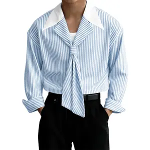 INCERUN Men's Summer Soft Boy Sailor Shirt Striped Big Collar Long Sleeve Top Cute Tie Front Blouse Preppy Holiday
