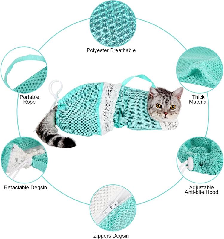 Cat Bathing Grooming Bag - Multifunctional Adjustable Breathable Restraint Shower Bag with Anti-Bite and Anti-Scratch Features in Green （Not exceeding 15.5 lb）