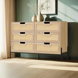 Stylish Oak Rattan 6-Drawer Dresser with Anti-Tipping Design, Spacious 47.2'' x 15.7'' Storage, Durable Metal Legs - Perfect for Bedroom & Living Room Decor