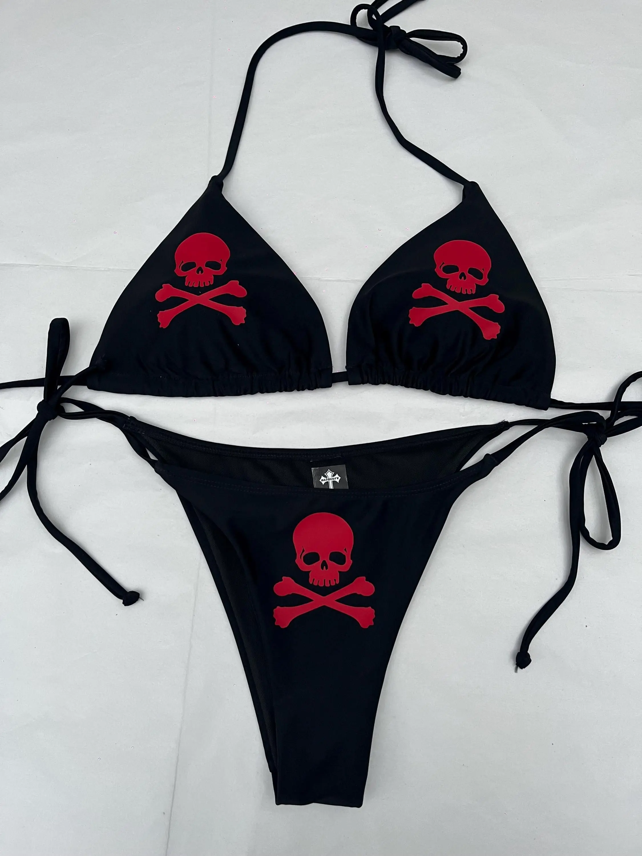 White Skulls Black Bikini Halter Tie String Grunge Swimsuit