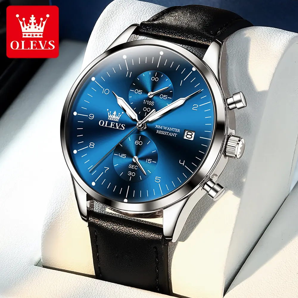 OLEVS Men's Classic Fashion Wristwatch with PU Leather Strap, Mineral Glass Crystal and Buckle Closure (Model 2880), 6 Months, 42Mm, Alloy, Waterproof, Round Dial, Analog