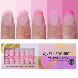 ELLIE YOUNG Pro-Tips Short Square Pink Pastel French Tips, 150pc Press-On Fake Nails Kit, Nail Art DIY – 15 Sizes, Matte Gel Acrylic Look, Soft Gel DIY Extensions