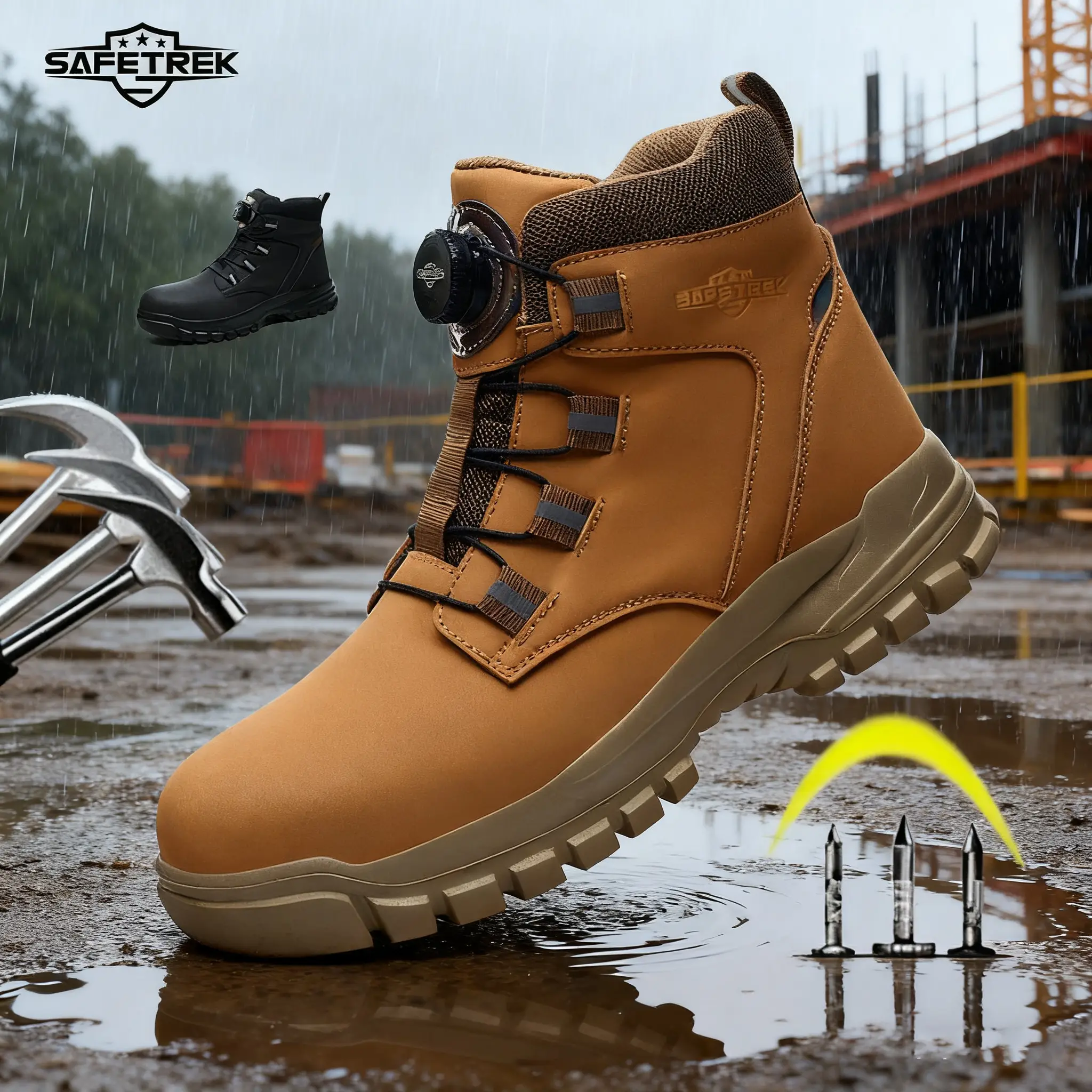 SAFETREK Men's Anti-puncture Boots Waterproof Slip High Top Work Shoes with Steel Toe Protection & Breathable Upper for Construction & Outdoor Work -