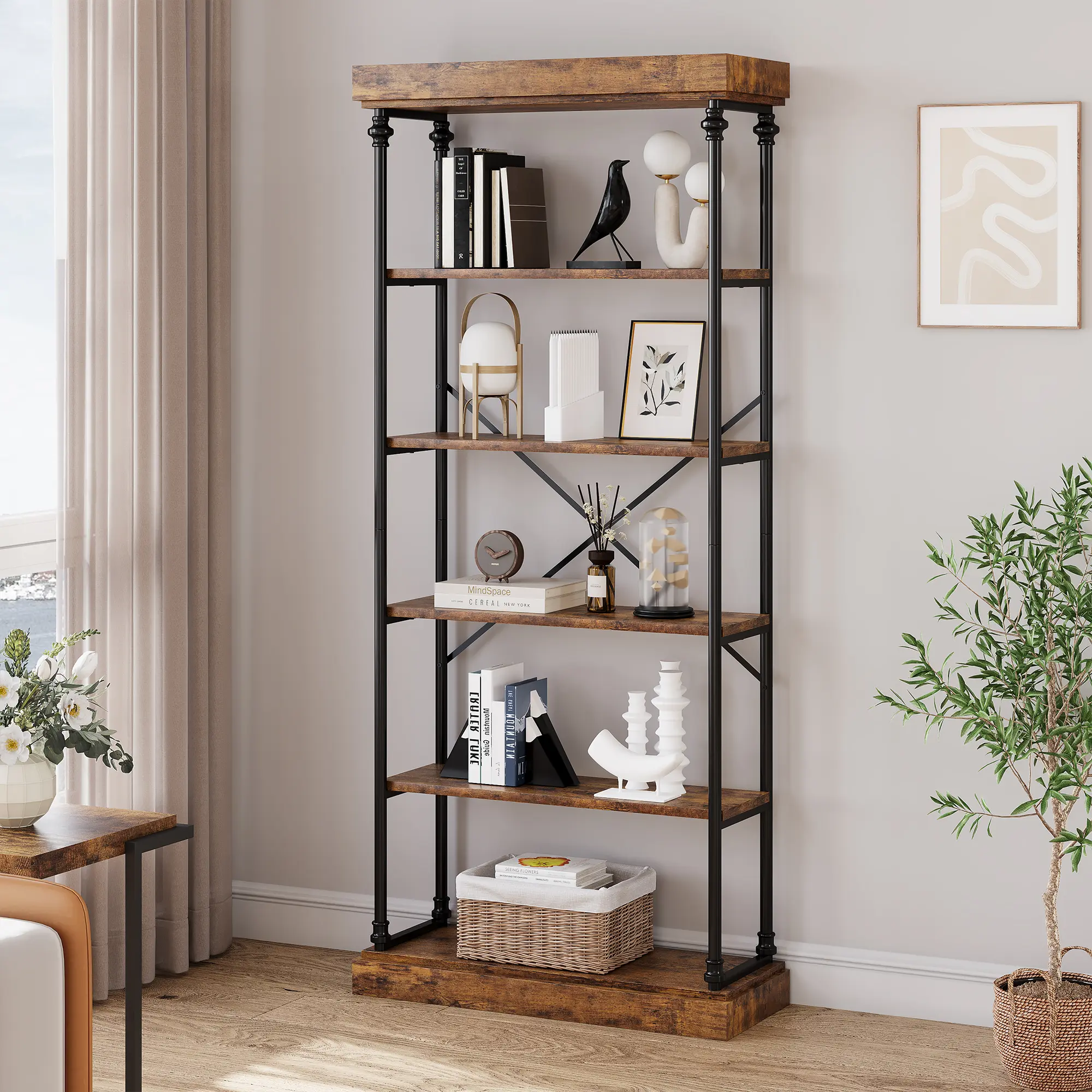 📚 Elevate Your Space! Industrial 6-Tier Bookcase – Rustic Brown Wood & Metal with Roman Column Legs – Open Display Storage for Living Room, Bedroom or Office ✨