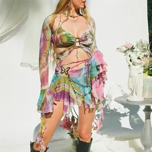 Women Y2K Ruffle Butterfly 2 Piece Outfit Sexy Fairy Backless Crop Top Wrap Mini Skirt Set Rave Festival Matching Set hirigin