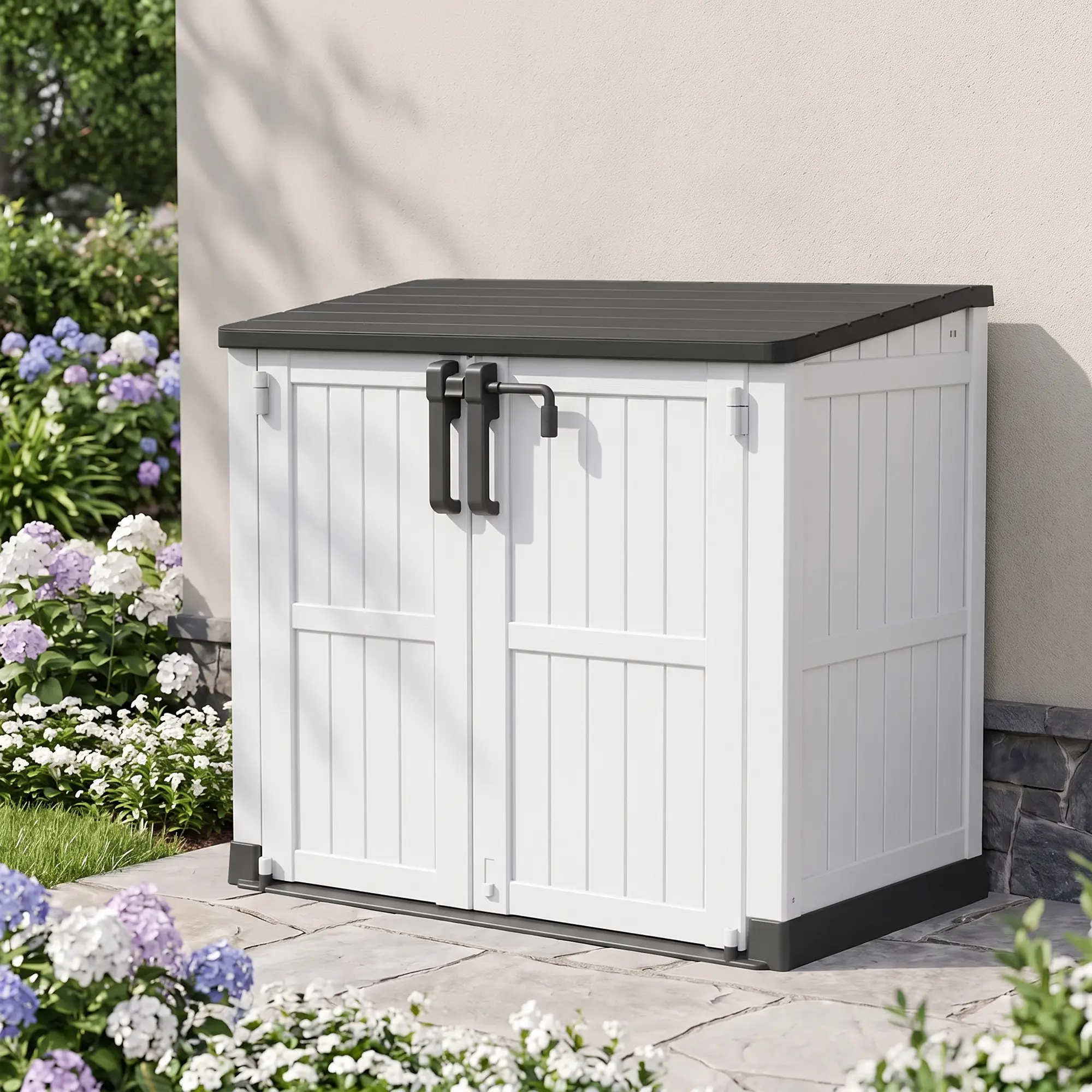 36CU.FT Outdoor Storage Box – Spacious & Secure Resin Storage Unit with Double Doors, Pre-Lock Lid & Foot Pedal Lock for Easy Access – Perfect for Bicycles, Trash Bins, Lawn Mowers & Garden Tools – Waterproof, UV-Resistant White Shelves