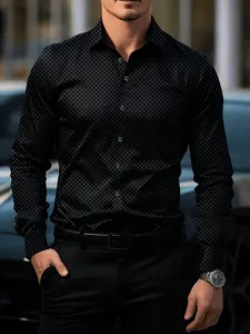 Men's Embroidered Long Sleeve Shirt, Casual Fitted Top, Plain Pattern, All Seasons Wear, No Zipper, Full Placket Design, Embroidery