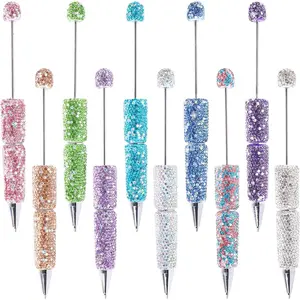 10 count Glitter Beadable Pens Plastic Bead Ballpoint Pen Full Rhinestone Light Pastel Fun Bling Retractable Beaded Writing Pen for DIY Craft Office Supplies