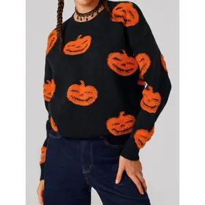 Women's Halloween? Colorblock Pumpkin Embroidery Drop Shoulder Sweater, Casual Long Sleeve Crew Neck