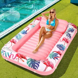 Tanning Pool Floats for Adults with Cup Holder & Pillow, Thick UV-Resistant PVC Portable Float for Backyard, Pool, Lake - Compact Design, Easy Inflation, Durable for Tanning & Relaxation