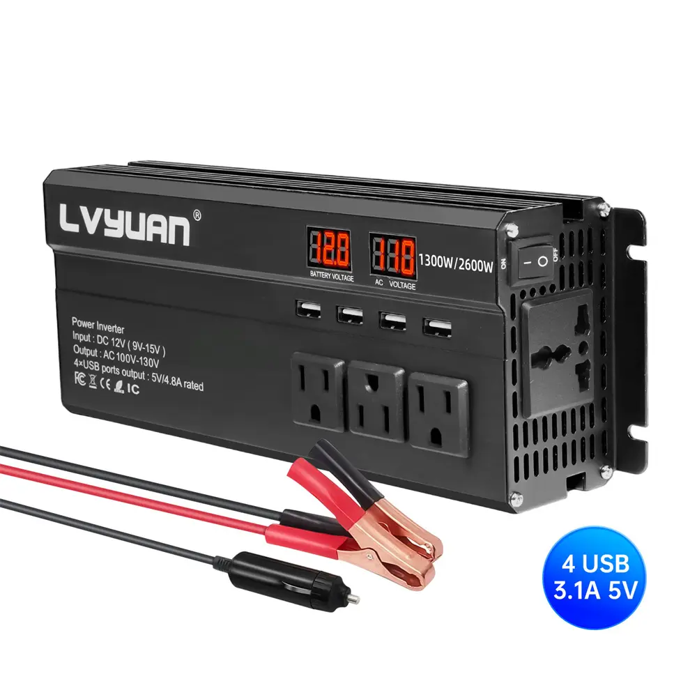 LVYUAN 7-Port Portable Power Inverter - 12V to 110V/120V AC Power Supply, 1000W/2000W Peak, 3 US Outlets, 4 USB Ports, 1.3kg, for Vehicle, Emergency, Home Improvement Use