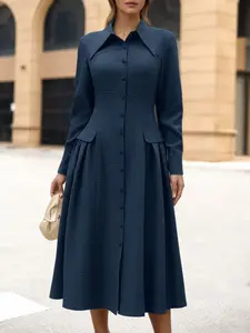 Women's Casual Solid Color Dress, Long Sleeve Stand Collar Midi Open Front Design, Fitted Pleated Style for Daily Commuting Casual Wear