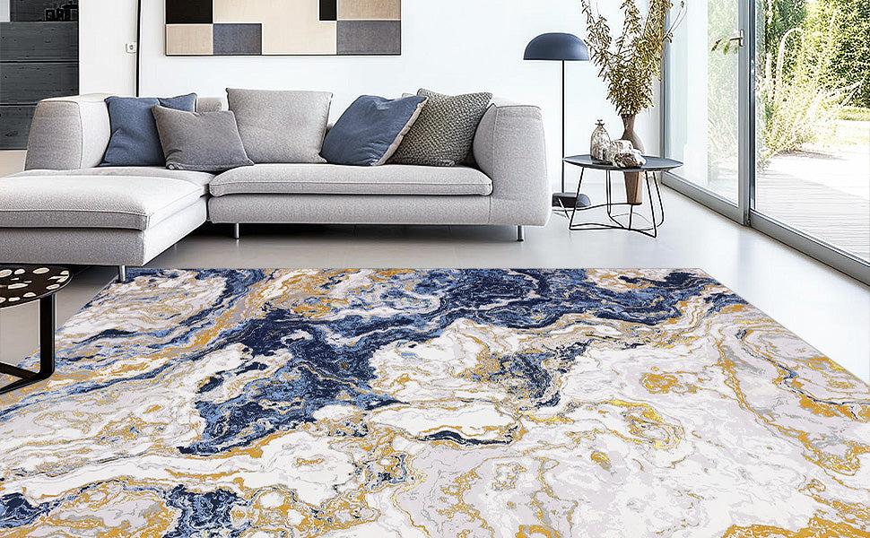 GARVEE Abstract Marble Rugs: Modern, Washable, Non-Slip Area Rugs in Various Sizes (5'x7', 6'x9', 8'x10', 9'x12') for Living Room, Bedroom, Kitchen, and Dining. Ideal for High Traffic Areas, Available in Blue and Grey.